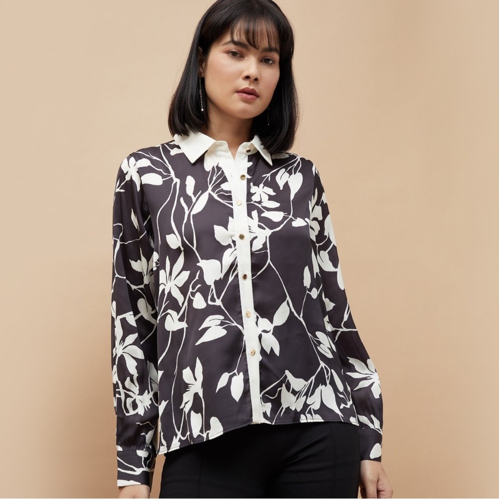 Zara Long‎ Sleeve Sheer Black Cream Leaf Vines Design Gold Buttons. Size M